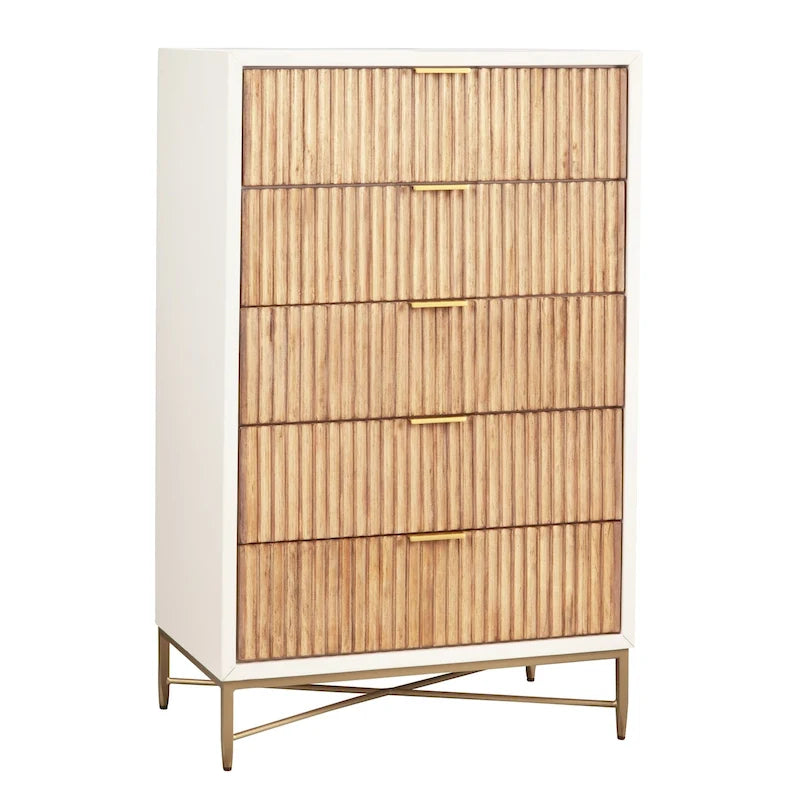5-Drawer Chest with Textured Wood Faces and Gold Accent Legs