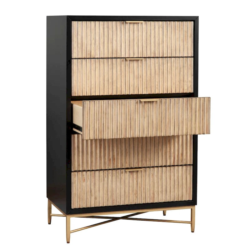 5-Drawer Chest with Textured Wood Faces and Gold Accent Legs