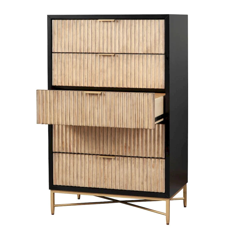 5-Drawer Chest with Textured Wood Faces and Gold Accent Legs