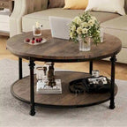34.2in Wood Circle Coffee Table, with Storage Shelf, Metal Legs