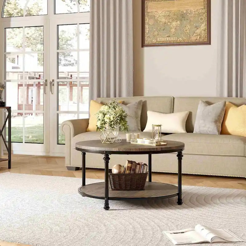 34.2in Wood Circle Coffee Table, with Storage Shelf, Metal Legs