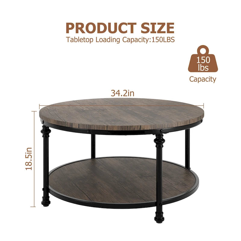 34.2in Wood Circle Coffee Table, with Storage Shelf, Metal Legs