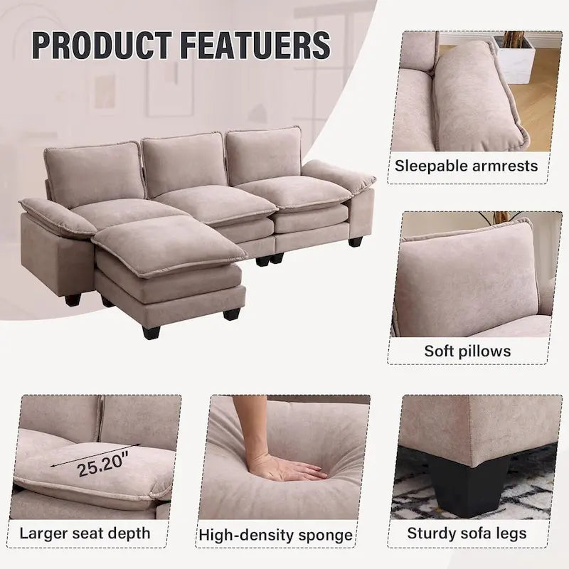 25.2 Deep Seat Sectional Sofa Couch 3 Seats L-Shape Design for Living Room