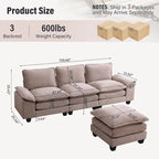 25.2 Deep Seat Sectional Sofa Couch 3 Seats L-Shape Design for Living Room