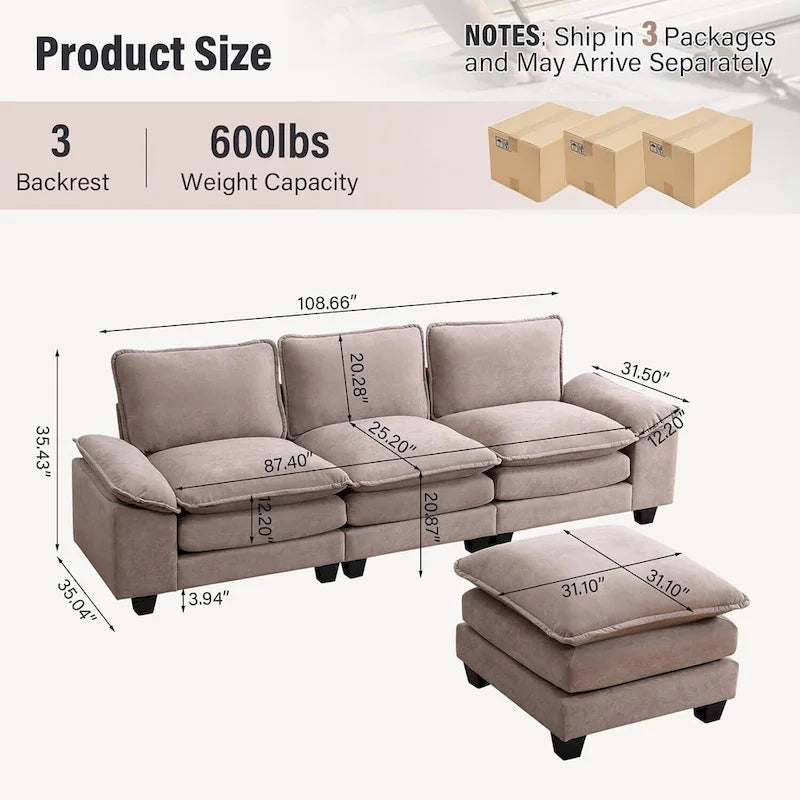25.2 Deep Seat Sectional Sofa Couch 3 Seats L-Shape Design for Living Room