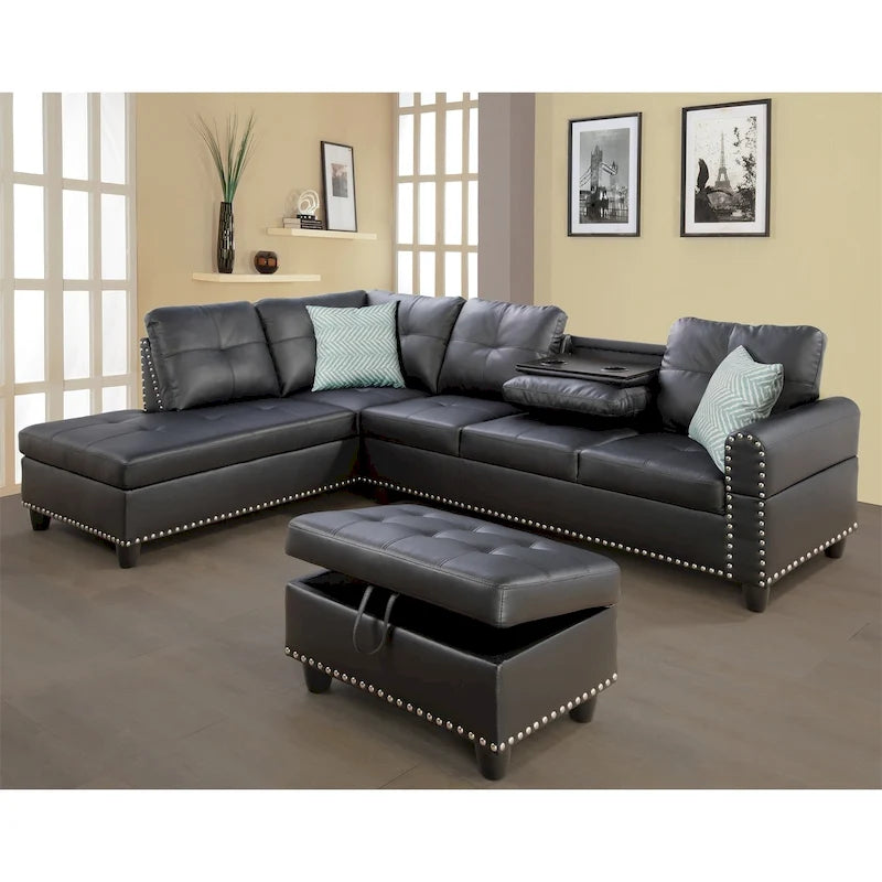 Faux Leather Sectional Sofa with Ottoman and 2 Pillows