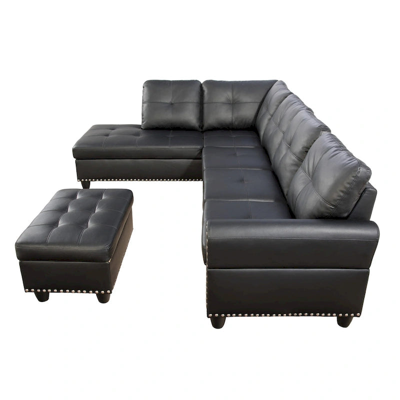 Faux Leather Sectional Sofa with Ottoman and 2 Pillows