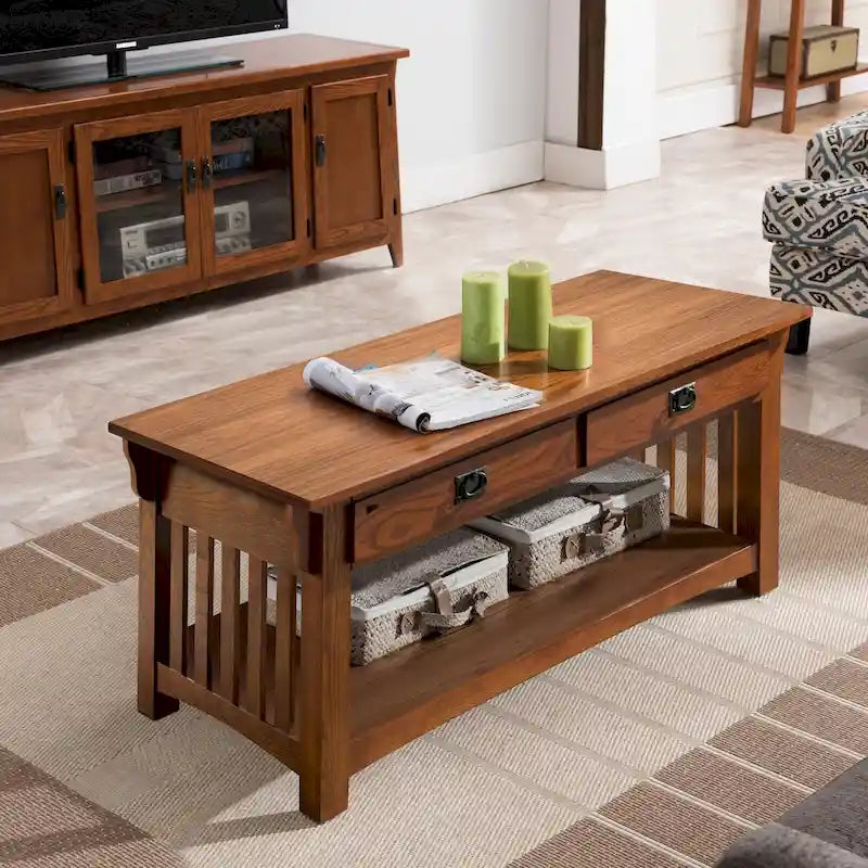 Solid Wood Mission-Style Coffee Table with Drawers
