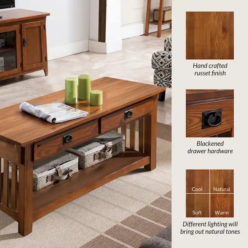 Solid Wood Mission-Style Coffee Table with Drawers