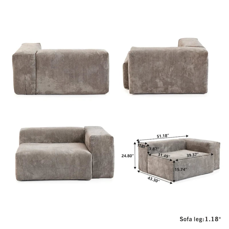 102 Oversized Corduroy Sectional Sofa Modern Wide Couch