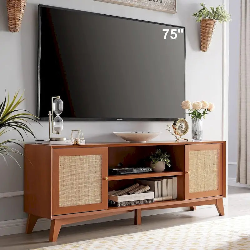 Mid-Century Modern Rattan TV Stand for 75 TV, Entertainment Center