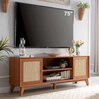 Mid-Century Modern Rattan TV Stand for 75 TV, Entertainment Center