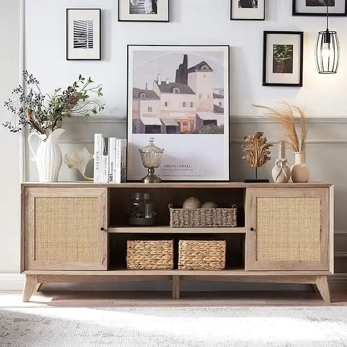 Mid-Century Modern Rattan TV Stand for 75 TV, Entertainment Center