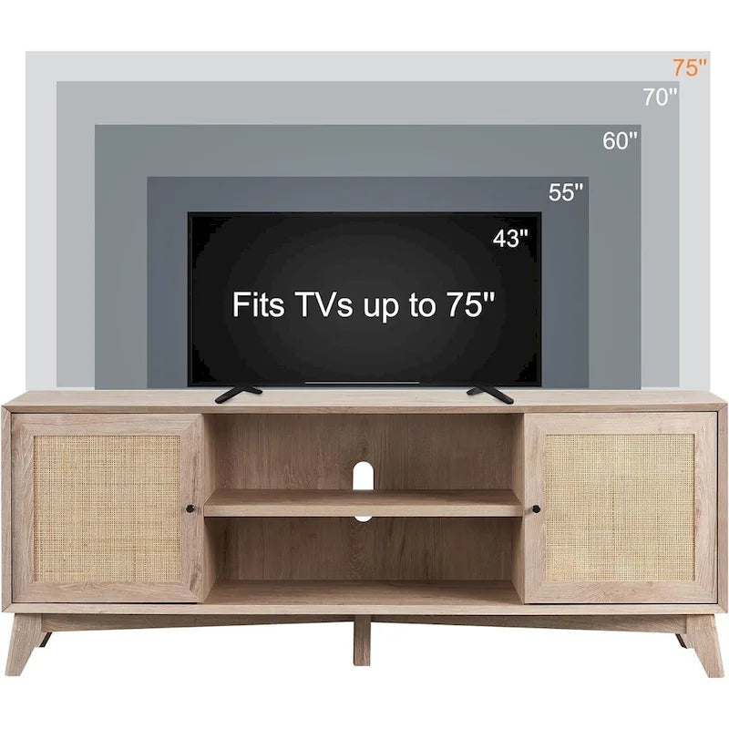 Mid-Century Modern Rattan TV Stand for 75 TV, Entertainment Center