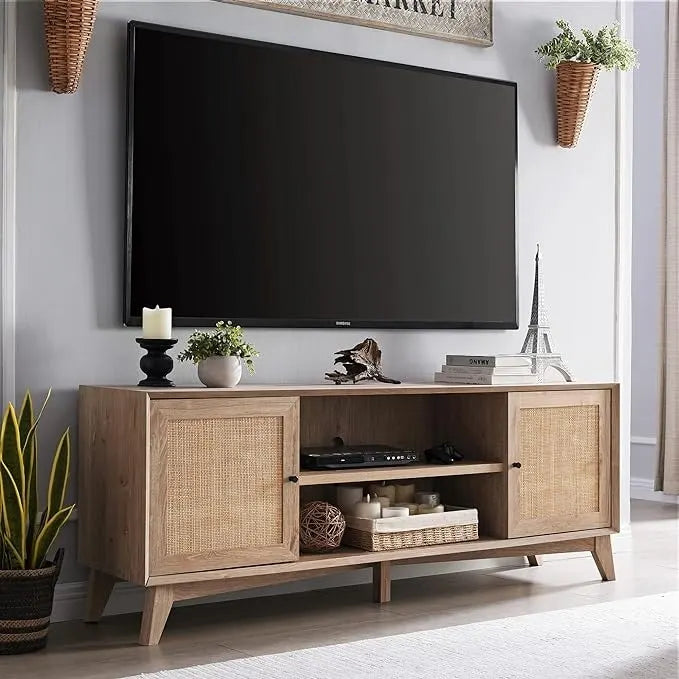 Mid-Century Modern Rattan TV Stand for 75 TV, Entertainment Center