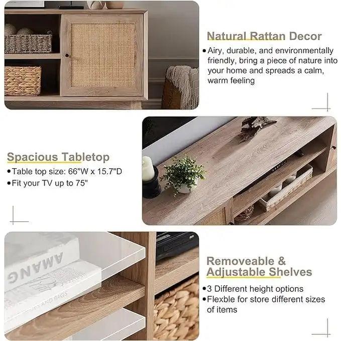 Mid-Century Modern Rattan TV Stand for 75 TV, Entertainment Center