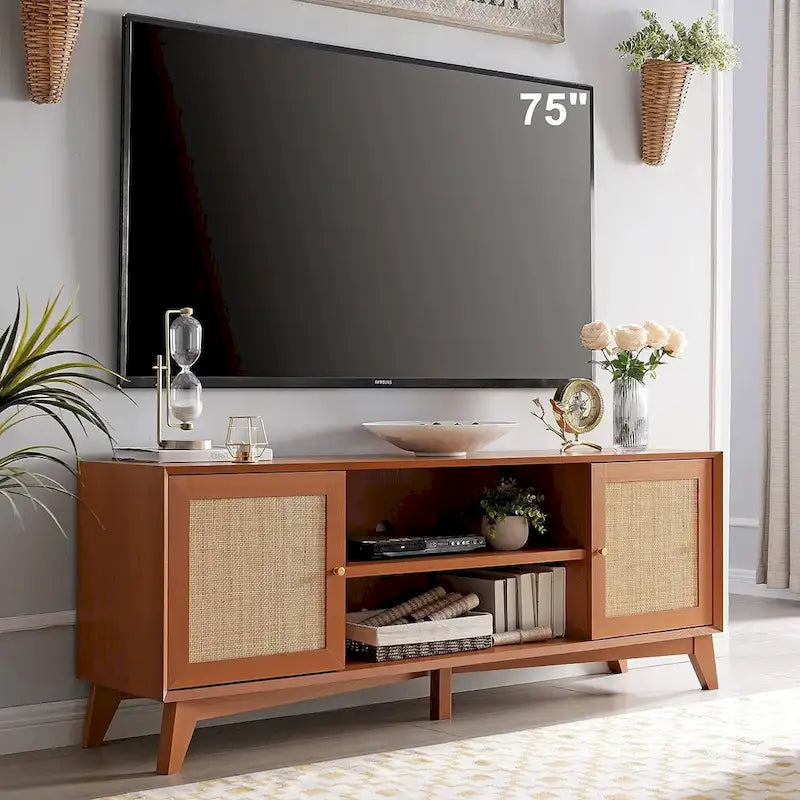 Mid-Century Modern Rattan TV Stand for 75 TV, Entertainment Center
