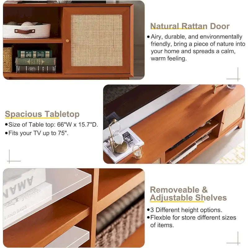 Mid-Century Modern Rattan TV Stand for 75 TV, Entertainment Center