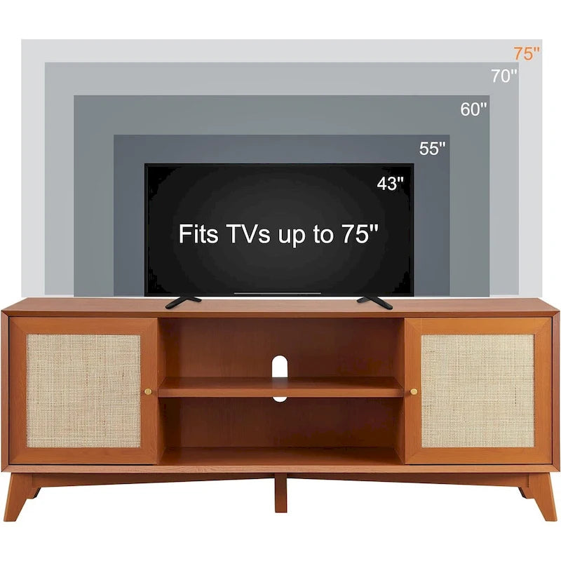 Mid-Century Modern Rattan TV Stand for 75 TV, Entertainment Center