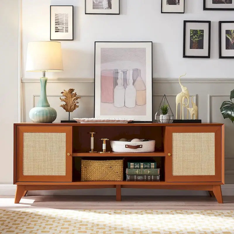 Mid-Century Modern Rattan TV Stand for 75 TV, Entertainment Center