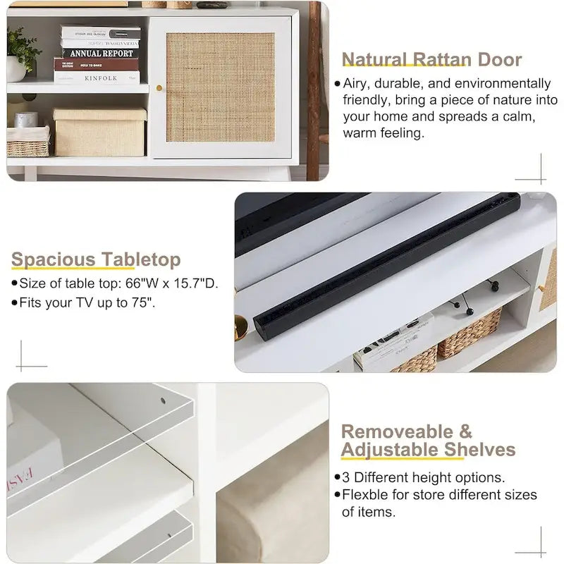 Mid-Century Modern Rattan TV Stand for 75 TV, Entertainment Center