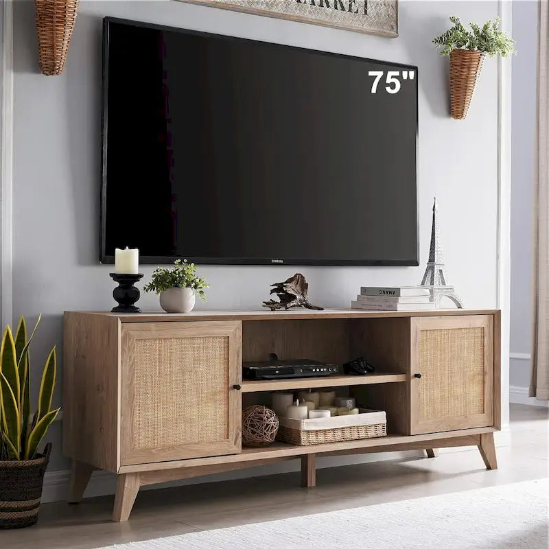 Mid-Century Modern Rattan TV Stand for 75 TV, Entertainment Center