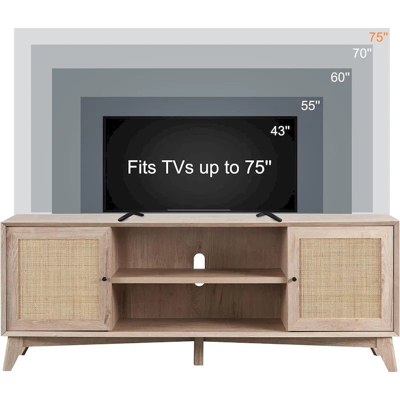 Mid-Century Modern Rattan TV Stand for 75 TV, Entertainment Center
