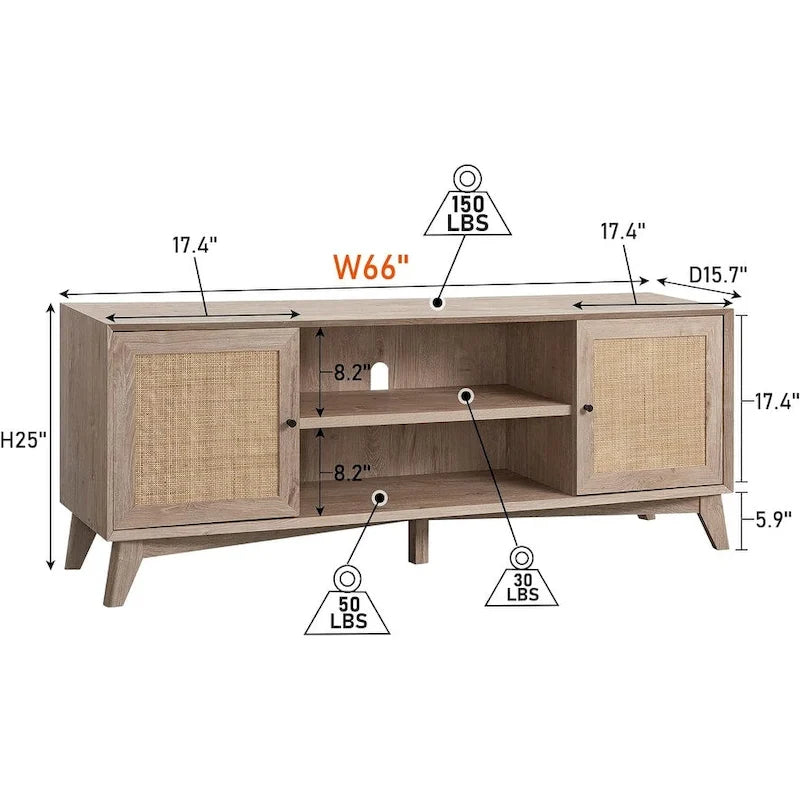 Mid-Century Modern Rattan TV Stand for 75 TV, Entertainment Center