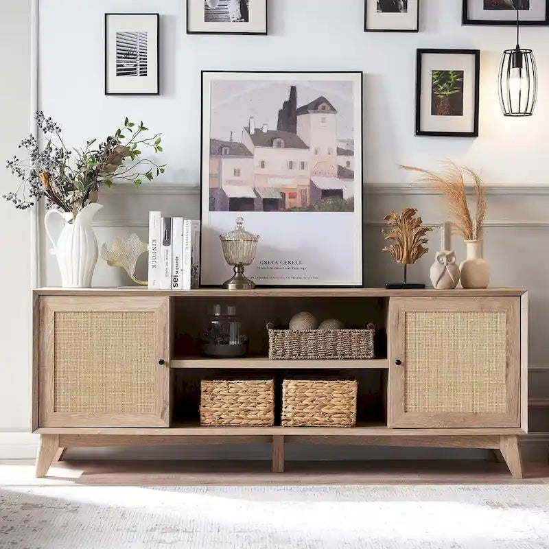 Mid-Century Modern Rattan TV Stand for 75 TV, Entertainment Center