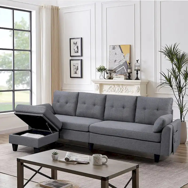 Modern Sectional Sofa Couch L Shaped With Chaise Storage Ottoman and Side Bags For Living Room