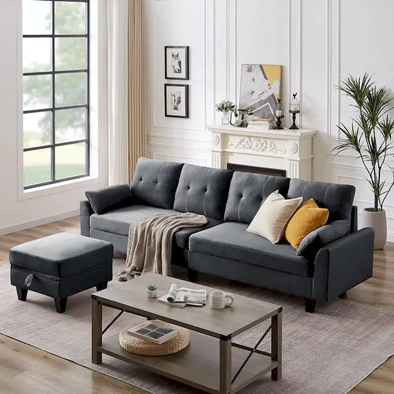 Modern Sectional Sofa Couch L Shaped With Chaise Storage Ottoman and Side Bags For Living Room