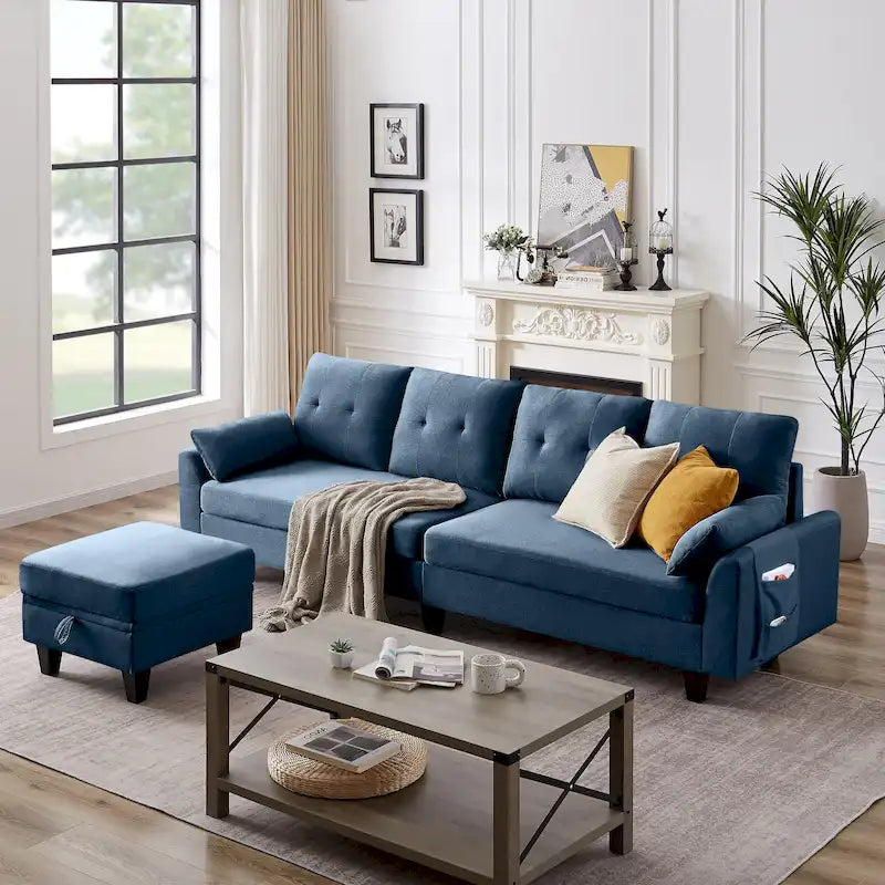 Modern Sectional Sofa Couch L Shaped With Chaise Storage Ottoman and Side Bags For Living Room