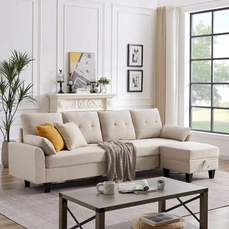 Canapé d'angle moderne en forme de L avec chaise longue, pouf de rangement et poches latérales pour le salon