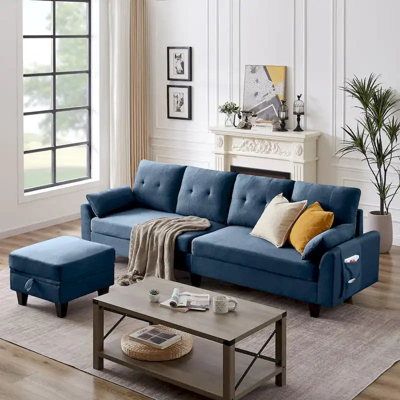 Canapé d'angle moderne en forme de L avec chaise longue, pouf de rangement et poches latérales pour le salon