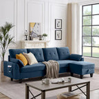 Canapé d'angle moderne en forme de L avec chaise longue, pouf de rangement et poches latérales pour le salon