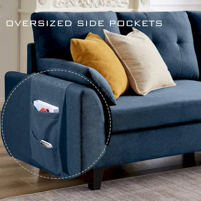 Canapé d'angle moderne en forme de L avec chaise longue, pouf de rangement et poches latérales pour le salon