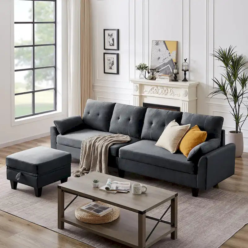Canapé d'angle moderne en forme de L avec chaise longue, pouf de rangement et poches latérales pour le salon