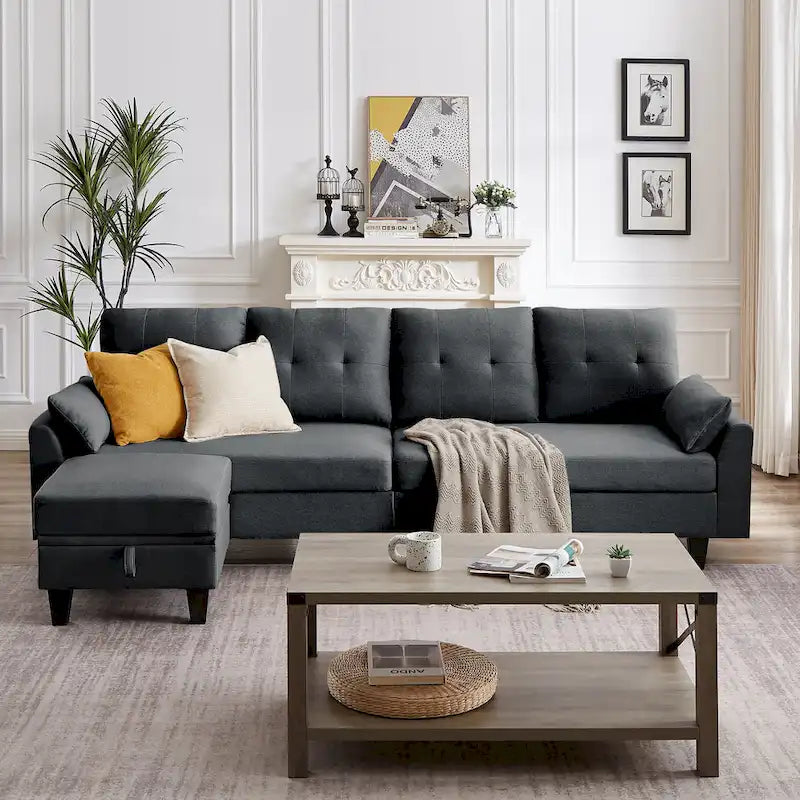 Canapé d'angle moderne en forme de L avec chaise longue, pouf de rangement et poches latérales pour le salon
