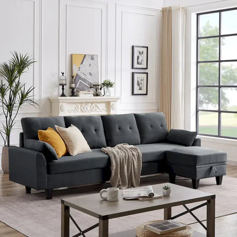 Canapé d'angle moderne en forme de L avec chaise longue, pouf de rangement et poches latérales pour le salon