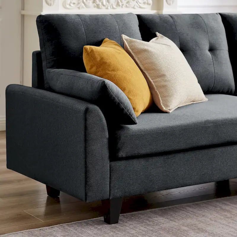 Canapé d'angle moderne en forme de L avec chaise longue, pouf de rangement et poches latérales pour le salon