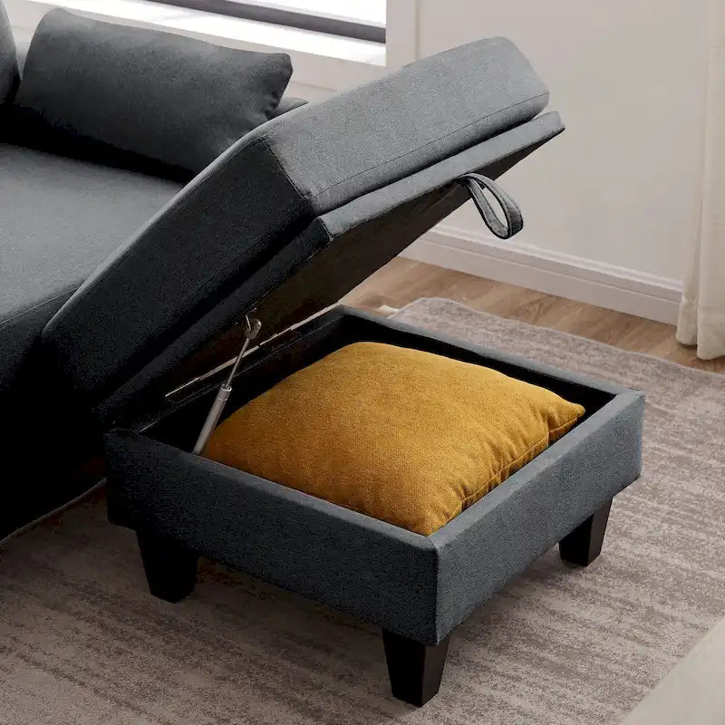 Canapé d'angle moderne en forme de L avec chaise longue, pouf de rangement et poches latérales pour le salon
