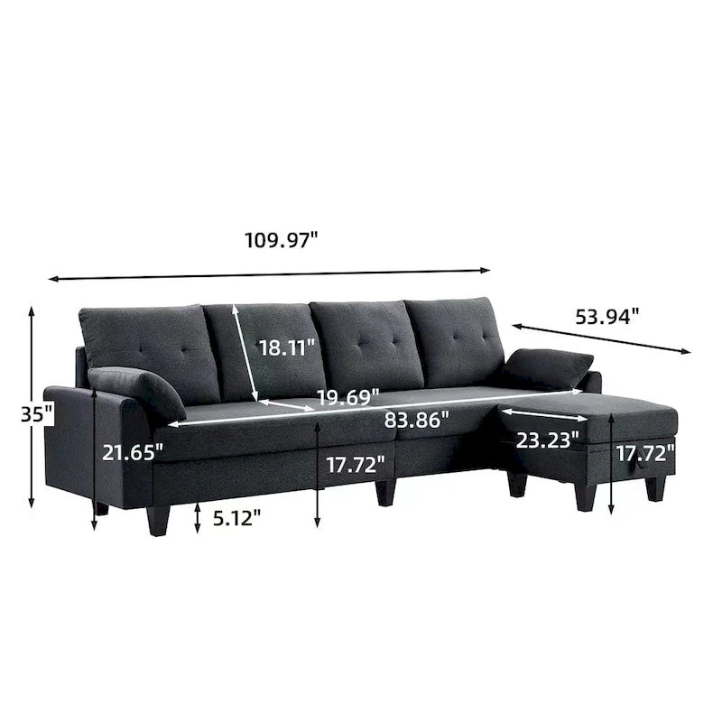 Canapé d'angle moderne en forme de L avec chaise longue, pouf de rangement et poches latérales pour le salon
