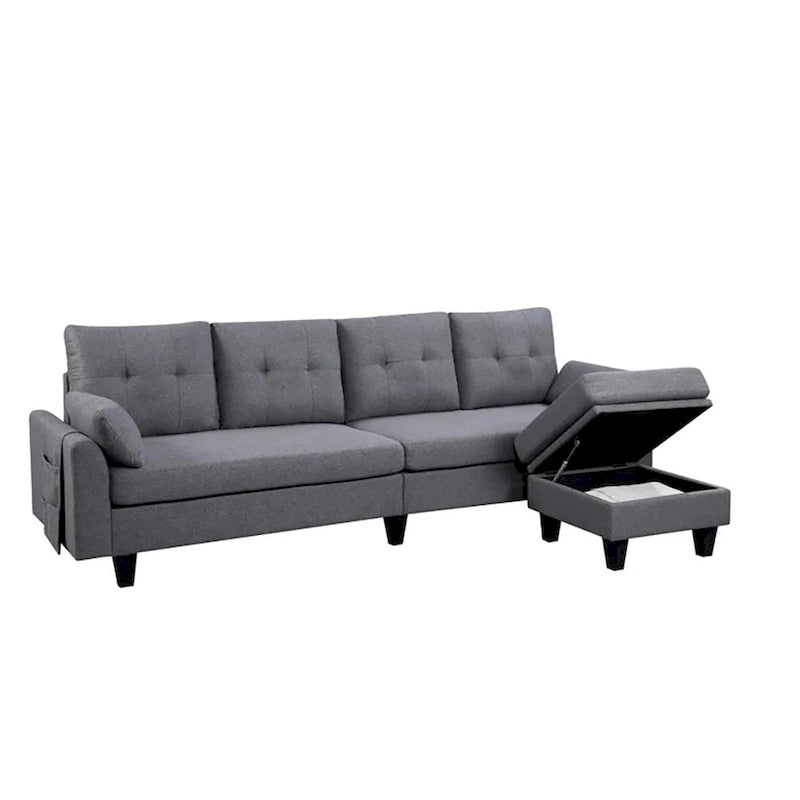 Canapé d'angle moderne en forme de L avec chaise longue, pouf de rangement et poches latérales pour le salon