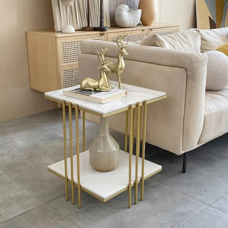 Marble Top Side Table 2 Tier Square Accent End Tables