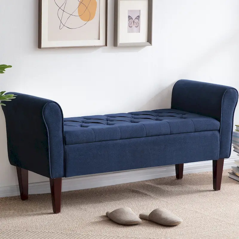 Arm Fabric Storage Ottoman Bench with Solid Wood Legs, 48W x 18D x 23H