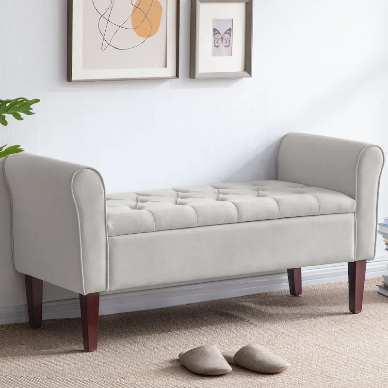 Arm Fabric Storage Ottoman Bench with Solid Wood Legs, 48W x 18D x 23H