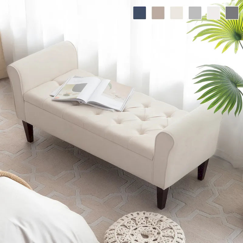 Arm Fabric Storage Ottoman Bench with Solid Wood Legs, 48W x 18D x 23H