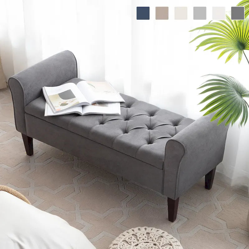 Arm Fabric Storage Ottoman Bench with Solid Wood Legs, 48W x 18D x 23H