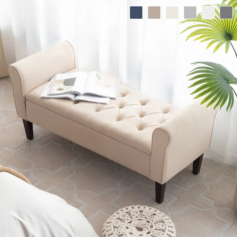 Arm Fabric Storage Ottoman Bench with Solid Wood Legs, 48W x 18D x 23H