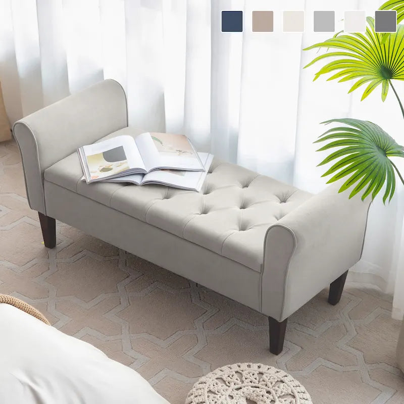Arm Fabric Storage Ottoman Bench with Solid Wood Legs, 48W x 18D x 23H
